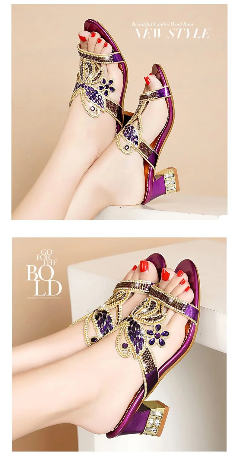 Summer Fashion Diamond Sandals Women's Crystal Mid Heel Butterfly Slippers Glitter Rhinestone Outdoor Anti-slip Beach Shoes