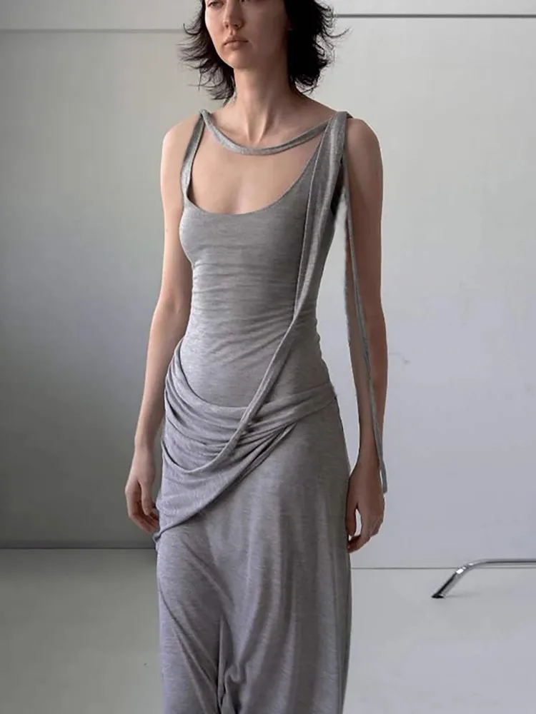 Grey Large U-Neck Pure Cotton Dress For Women, Casual And Comfortable, With Irregular Waistband And Slimming Long Skirt