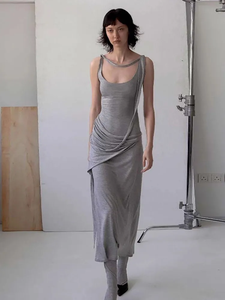 Grey Large U-Neck Pure Cotton Dress For Women, Casual And Comfortable, With Irregular Waistband And Slimming Long Skirt