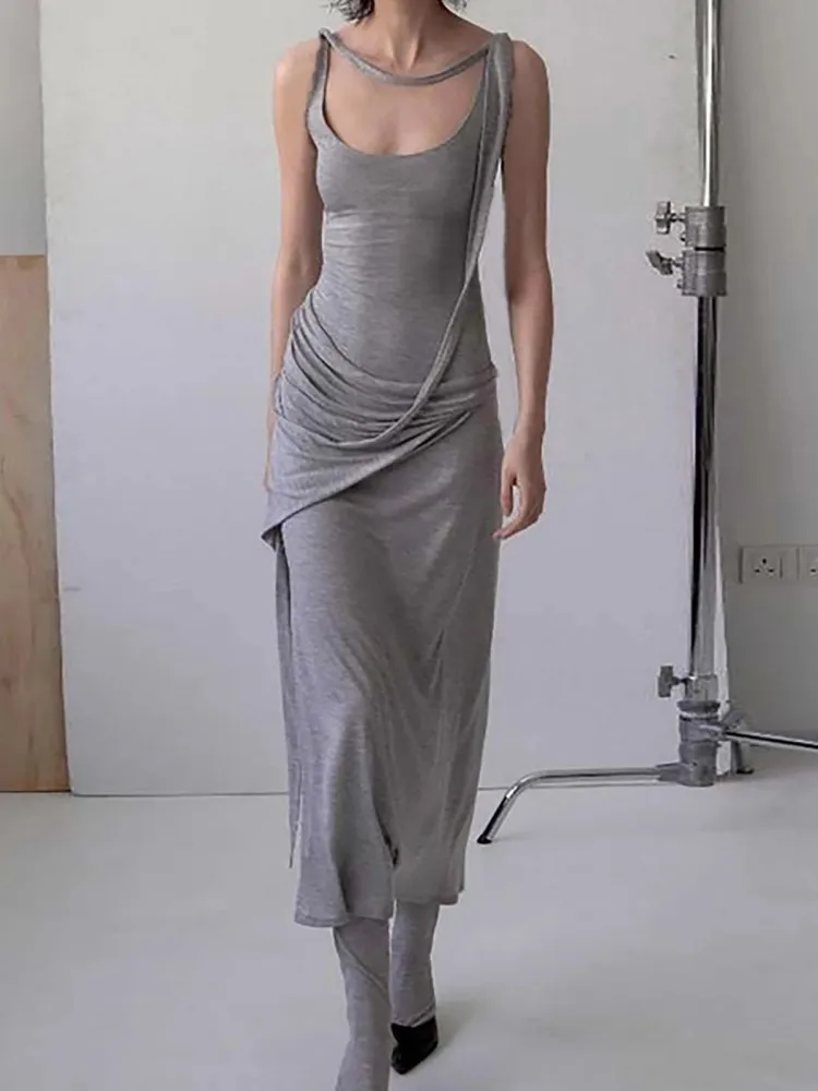 Grey Large U-Neck Pure Cotton Dress For Women, Casual And Comfortable, With Irregular Waistband And Slimming Long Skirt
