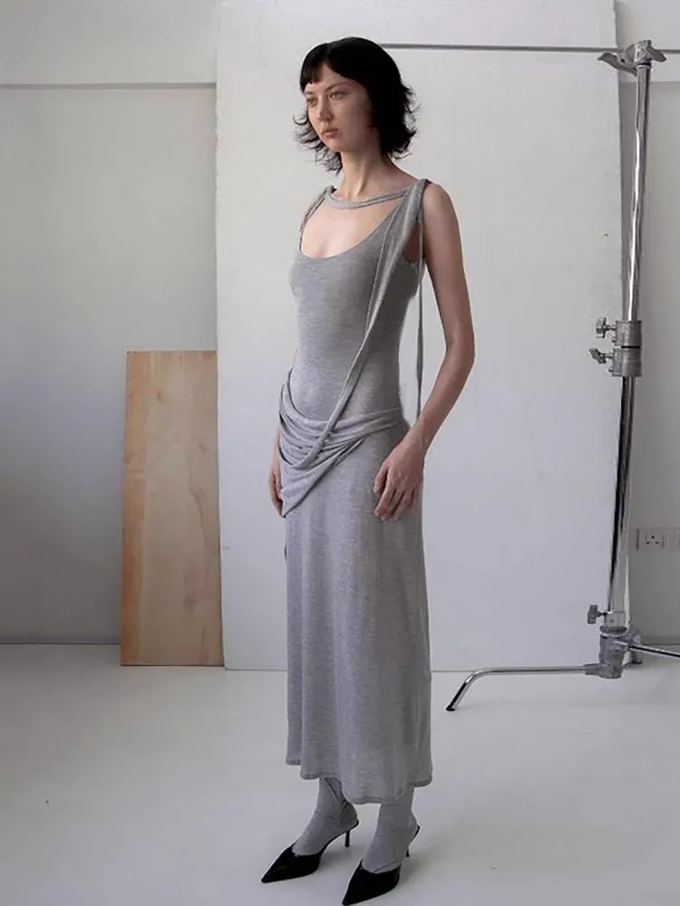 Grey Large U-Neck Pure Cotton Dress For Women, Casual And Comfortable, With Irregular Waistband And Slimming Long Skirt