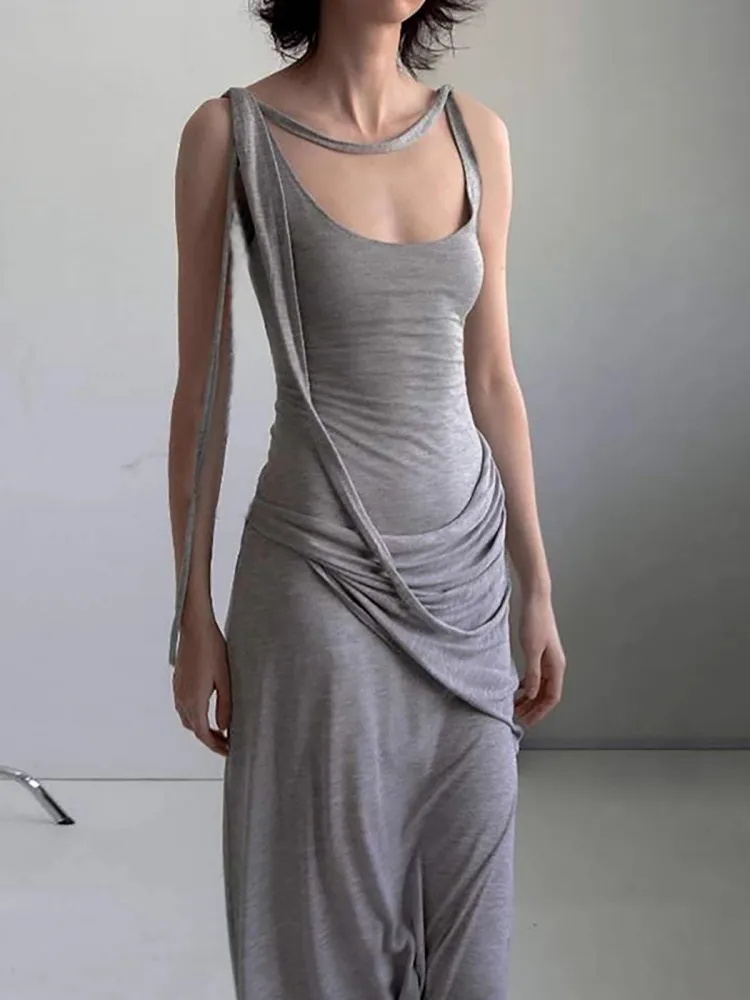 Grey Large U-Neck Pure Cotton Dress For Women, Casual And Comfortable, With Irregular Waistband And Slimming Long Skirt