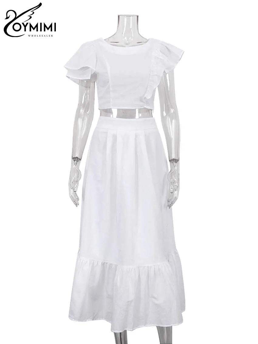 Oymimi Fashion White 2 Piece Sets Women Outfit Elegant O-Neck Ruffled Asymmetrical Crop Tops And High Waist Loose Skirts Sets