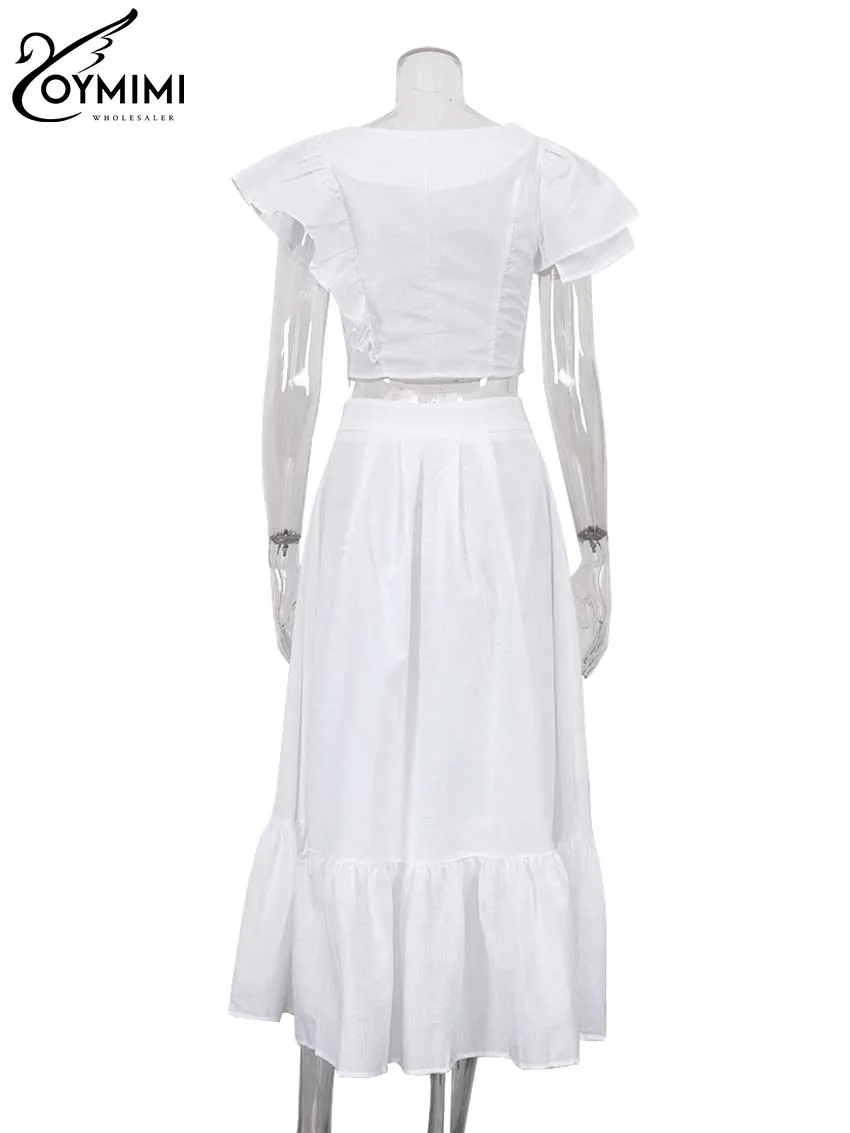 Oymimi Fashion White 2 Piece Sets Women Outfit Elegant O-Neck Ruffled Asymmetrical Crop Tops And High Waist Loose Skirts Sets