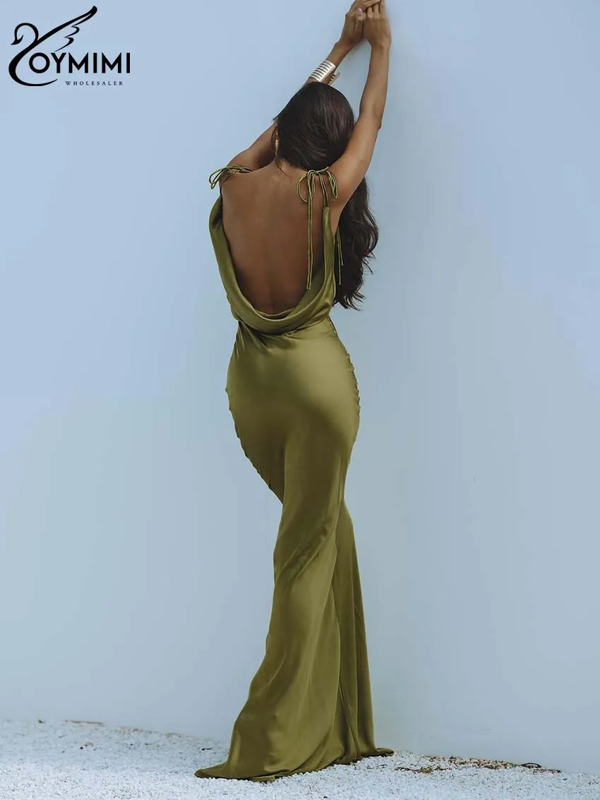 Oymimi Summer Green Slim Women's Dress Elegant Spaghetti Strap Open Back Dresses Casual Straight Floor-Length Dresses Streetwear