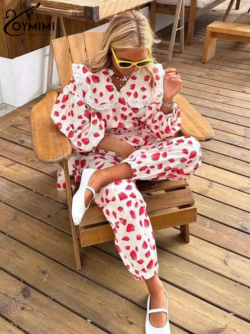 Oymimi Casual Pink Print 2 Piece Sets Women Outfit Elegant Lace Wrist Sleeve Peter Pan Collar Shirts And Ankle-Length Pants Sets