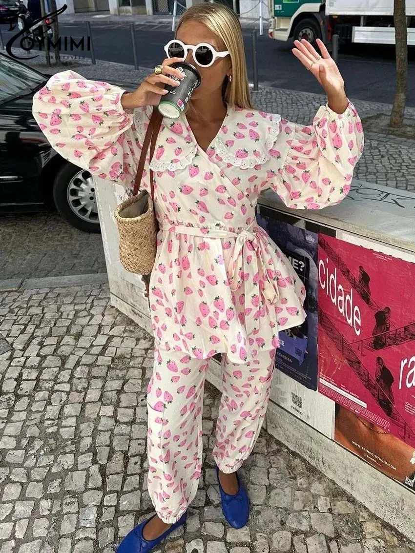 Oymimi Casual Pink Print 2 Piece Sets Women Outfit Elegant Lace Wrist Sleeve Peter Pan Collar Shirts And Ankle-Length Pants Sets
