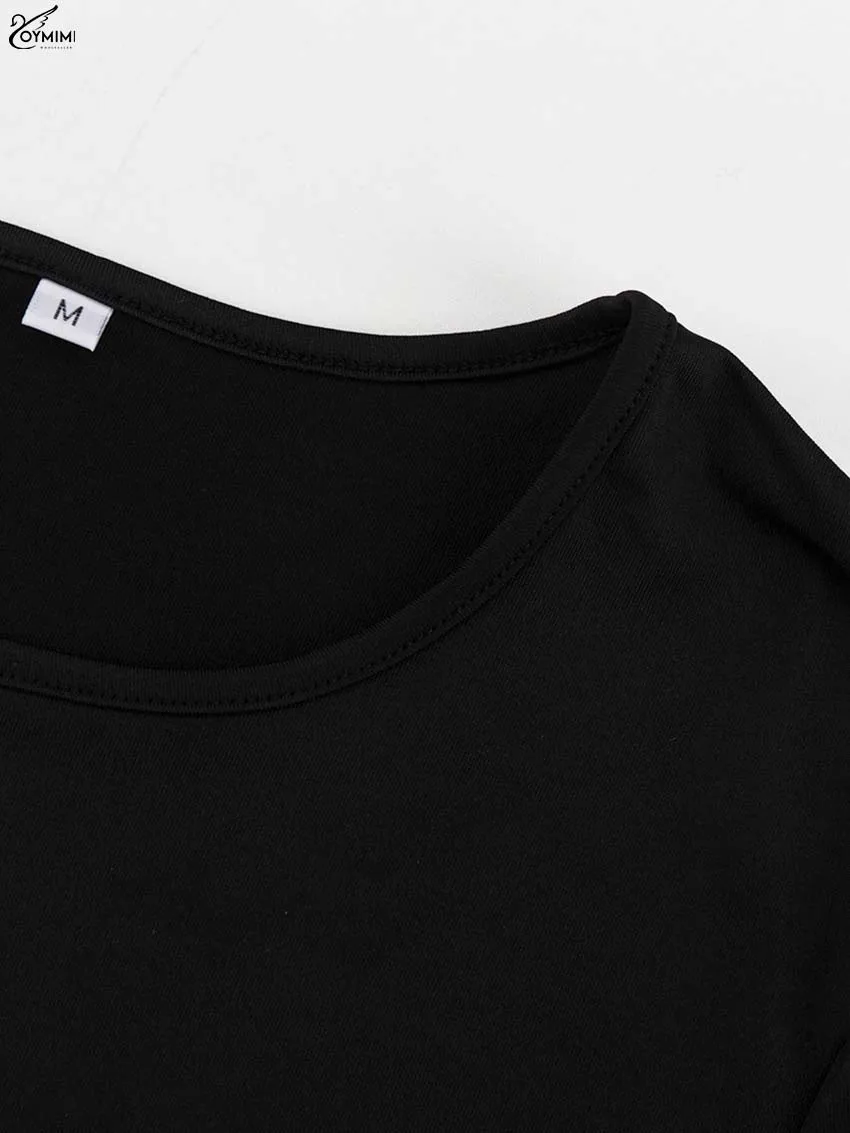 Oymimi Elegant Black O-Neck Dresses For Women Fashion New Slim Long Sleeve Solid Dresses Casual Slit Ankle-Length Skirts Sets