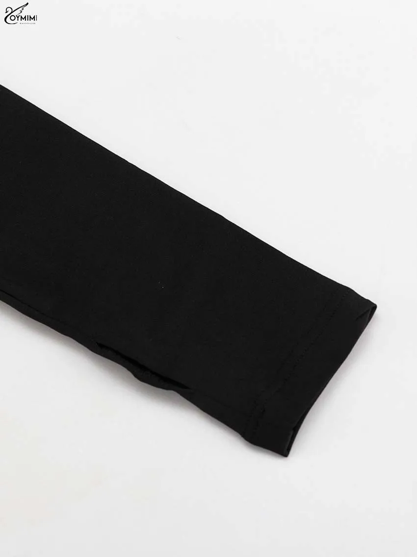Oymimi Elegant Black O-Neck Dresses For Women Fashion New Slim Long Sleeve Solid Dresses Casual Slit Ankle-Length Skirts Sets