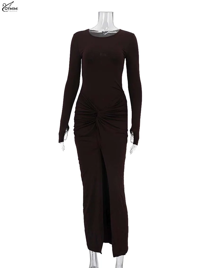 Oymimi Elegant Black O-Neck Dresses For Women Fashion New Slim Long Sleeve Solid Dresses Casual Slit Ankle-Length Skirts Sets