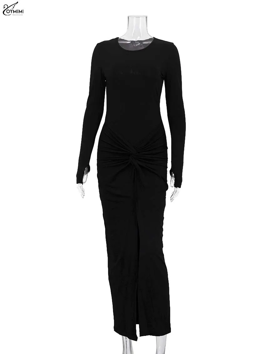Oymimi Elegant Black O-Neck Dresses For Women Fashion New Slim Long Sleeve Solid Dresses Casual Slit Ankle-Length Skirts Sets