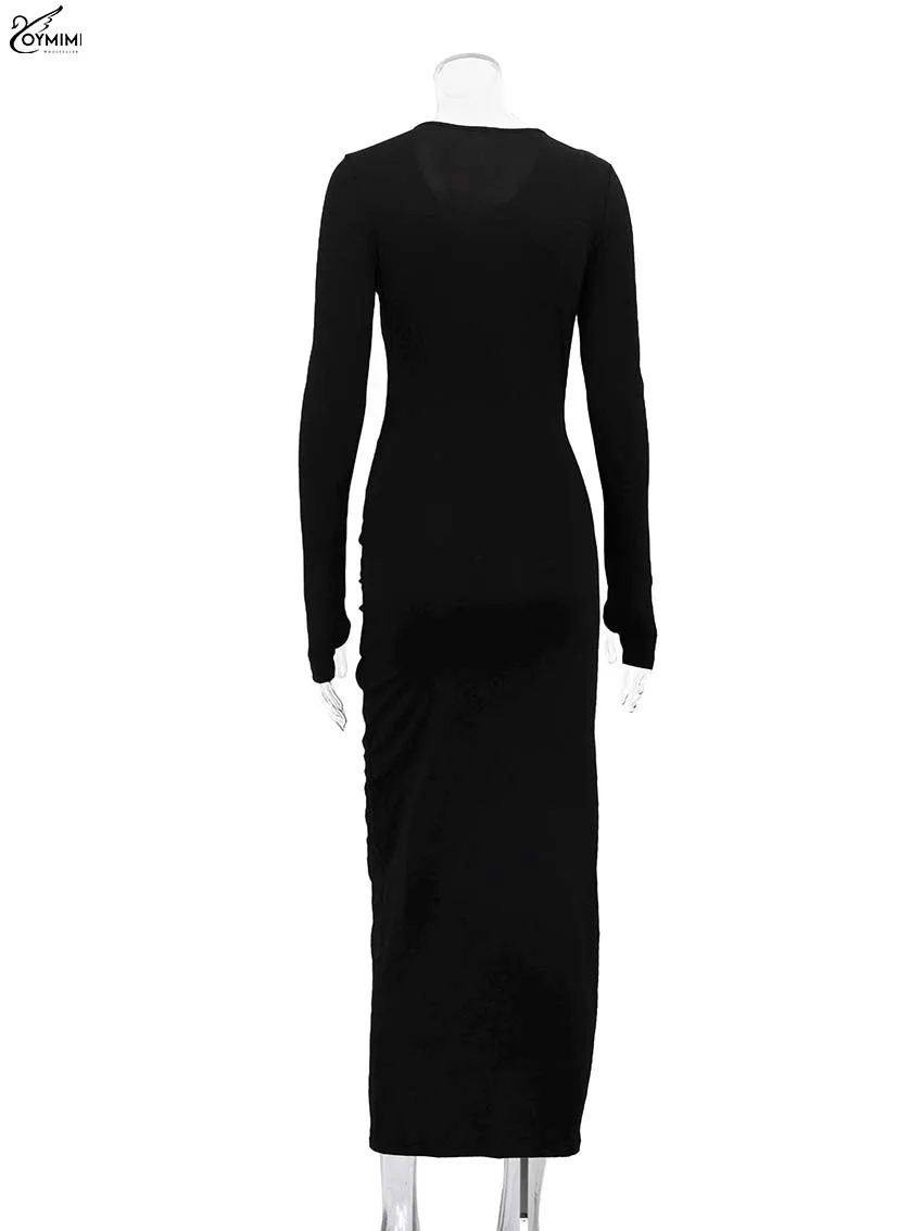 Oymimi Elegant Black O-Neck Dresses For Women Fashion New Slim Long Sleeve Solid Dresses Casual Slit Ankle-Length Skirts Sets