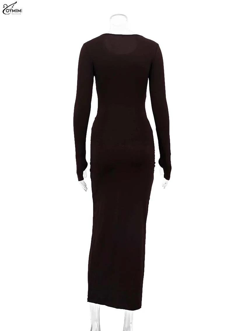 Oymimi Elegant Black O-Neck Dresses For Women Fashion New Slim Long Sleeve Solid Dresses Casual Slit Ankle-Length Skirts Sets