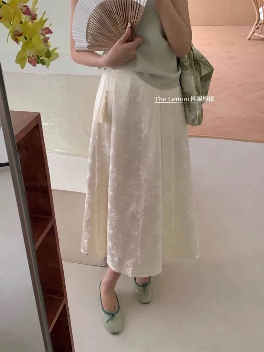New Chinese style retro Chinese style horse skirt female summer skirt A-line silk skirt thin knit long skirt
