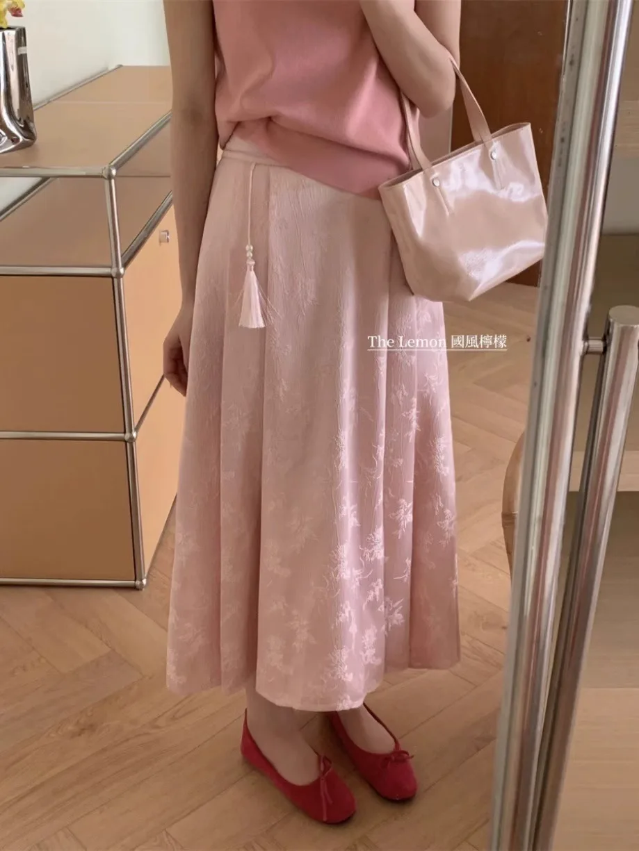 New Chinese style retro Chinese style horse skirt female summer skirt A-line silk skirt thin knit long skirt