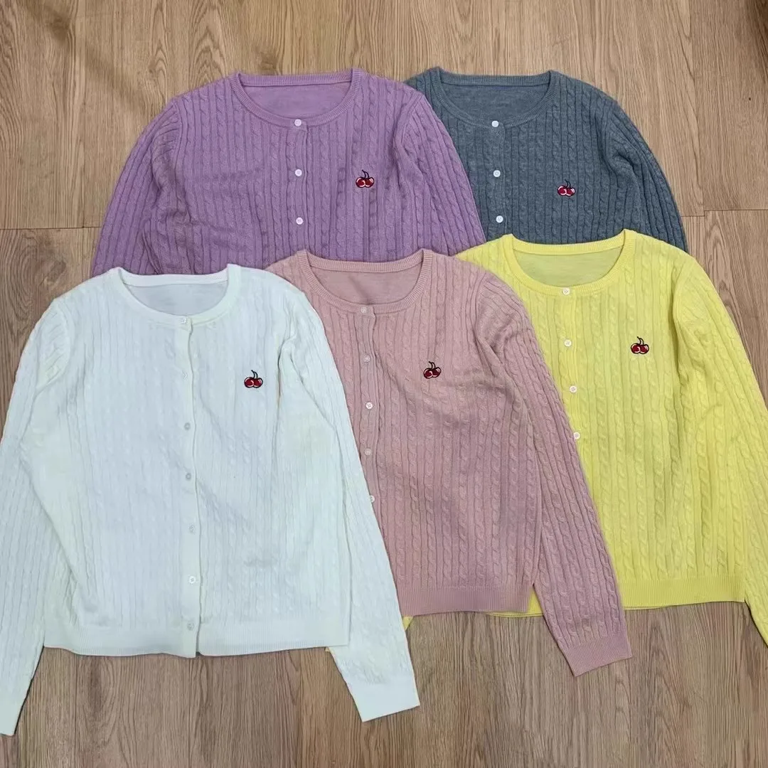2024 new European station cherry embroidery 100% cashmere cardigan women's crewneck long sleeve wool knit sweater coat top