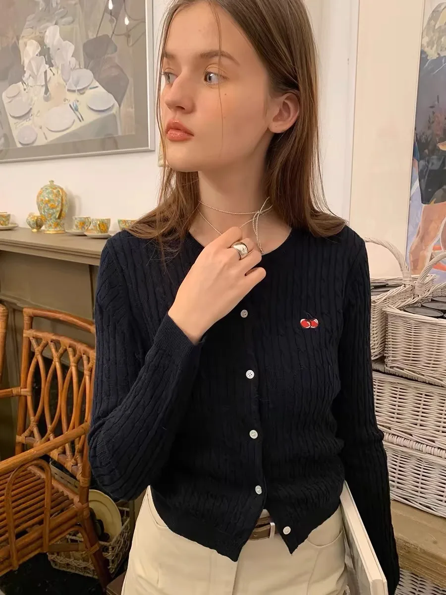2024 new European station cherry embroidery 100% cashmere cardigan women's crewneck long sleeve wool knit sweater coat top