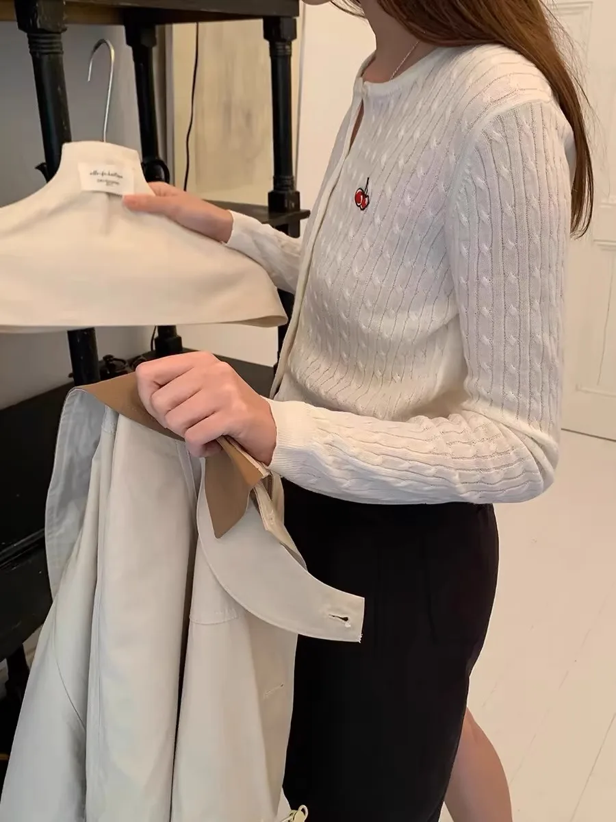 2024 new European station cherry embroidery 100% cashmere cardigan women's crewneck long sleeve wool knit sweater coat top