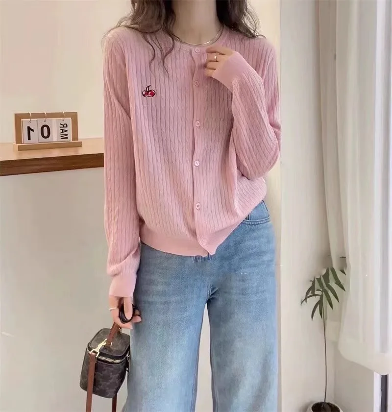 2024 new European station cherry embroidery 100% cashmere cardigan women's crewneck long sleeve wool knit sweater coat top
