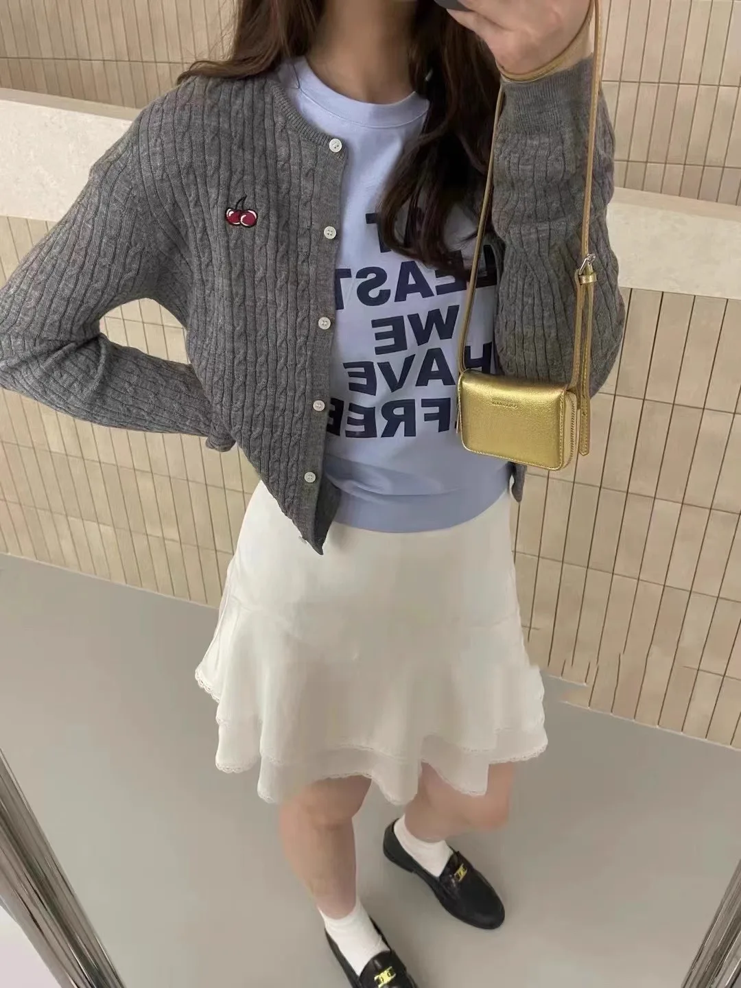 2024 new European station cherry embroidery 100% cashmere cardigan women's crewneck long sleeve wool knit sweater coat top