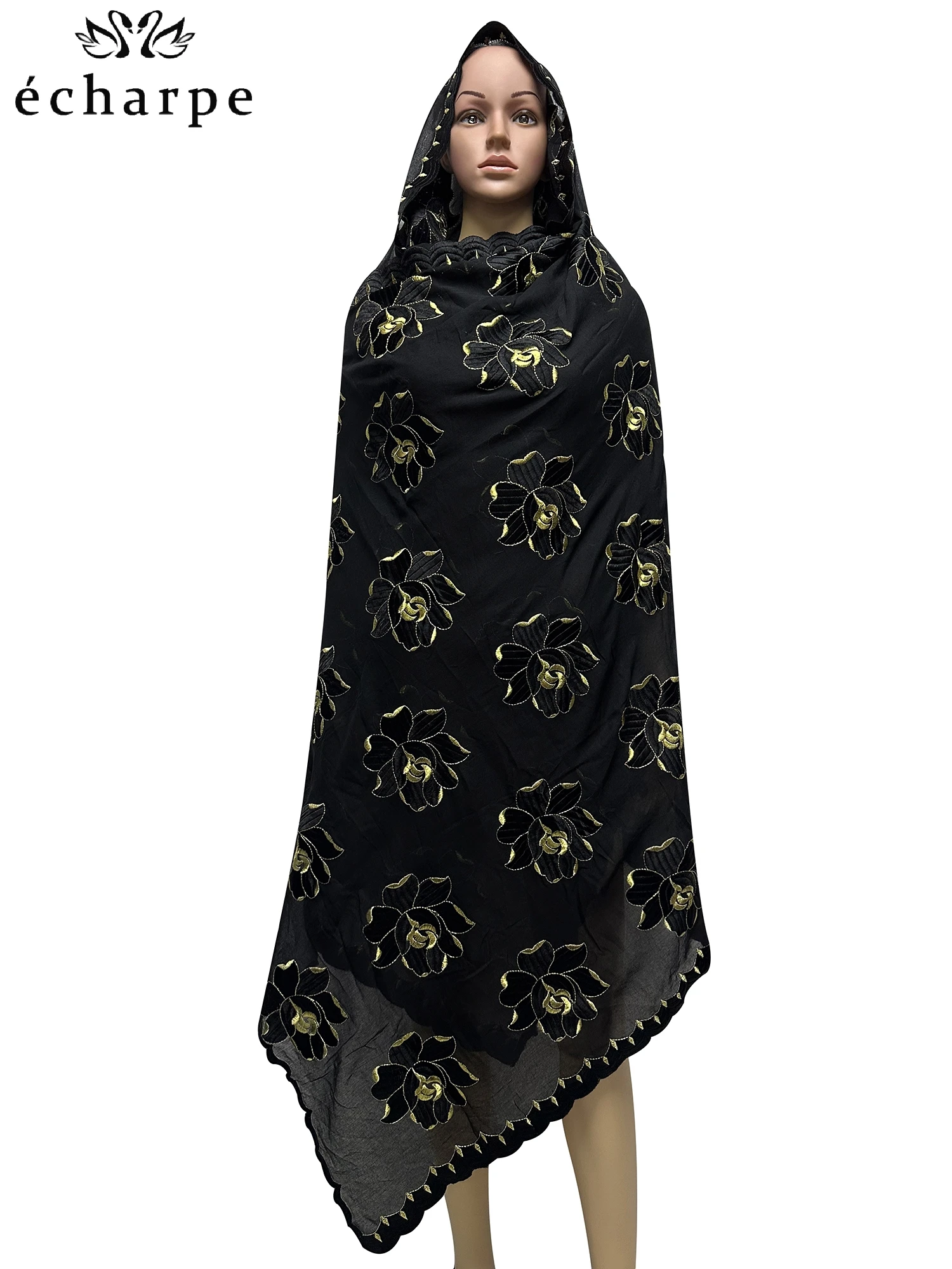 2022 New African Islamic Women Scarf Fashion Pashmina Turban Pray 100% Cotton Embroidered Shawl Wrap Muslim Party Hijab for Lady