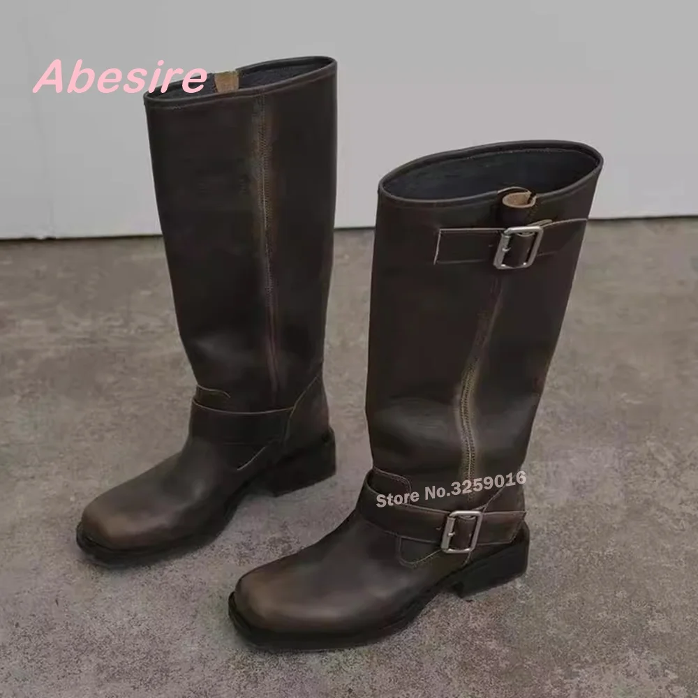Retro Vintage Distressed Brushed Square Toe Knight Boots for Women Winter Chunky Heels Knee High Women's Boots Buckle Casual