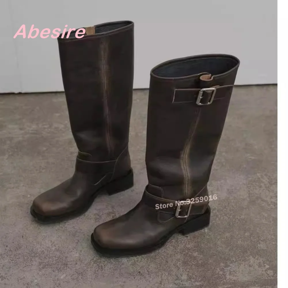 Retro Vintage Distressed Brushed Square Toe Knight Boots for Women Winter Chunky Heels Knee High Women's Boots Buckle Casual