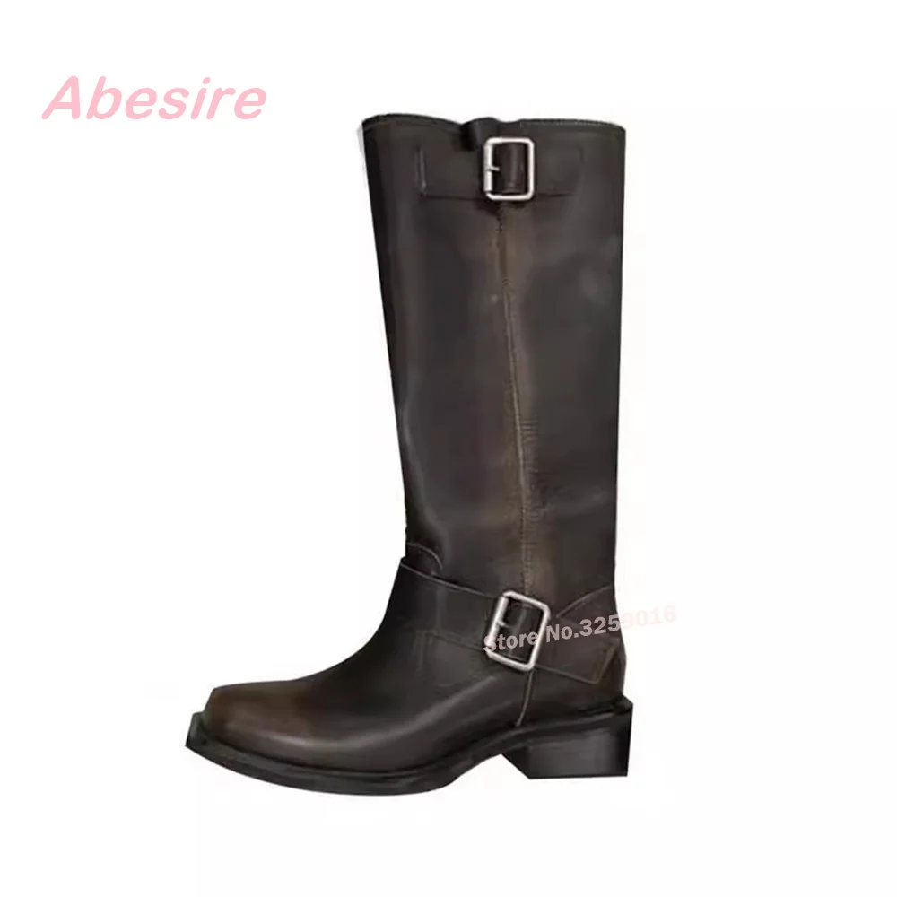 Retro Vintage Distressed Brushed Square Toe Knight Boots for Women Winter Chunky Heels Knee High Women's Boots Buckle Casual