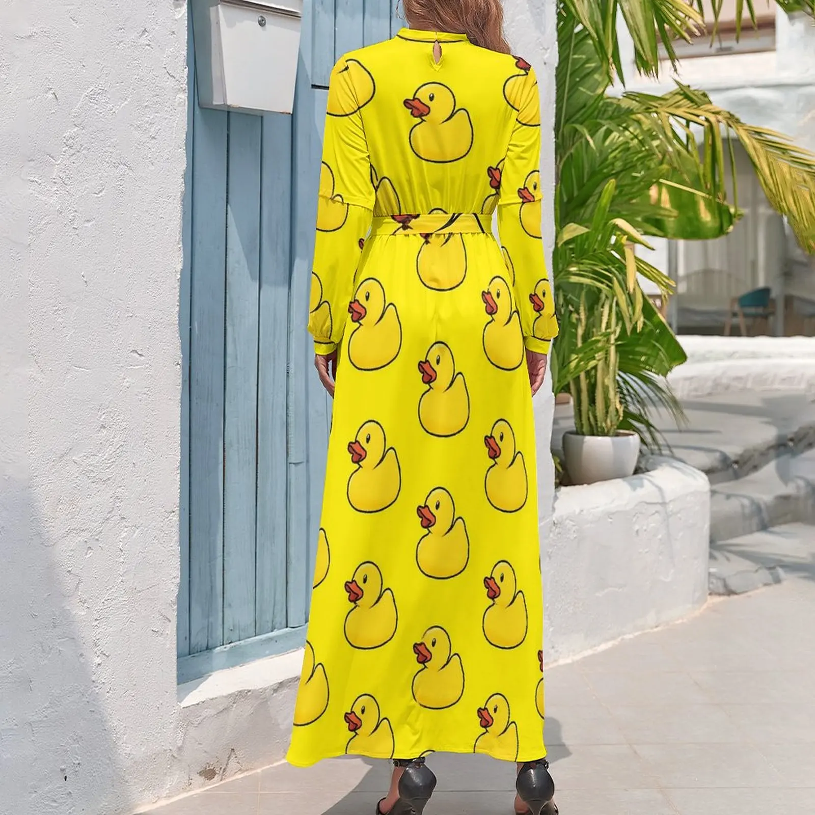 Rubber Ducks Print Dress Long-Sleeve Kawaii Animal Trendy Maxi Dress High Waist Korean Fashion Boho Beach Long Dresses Gift Idea