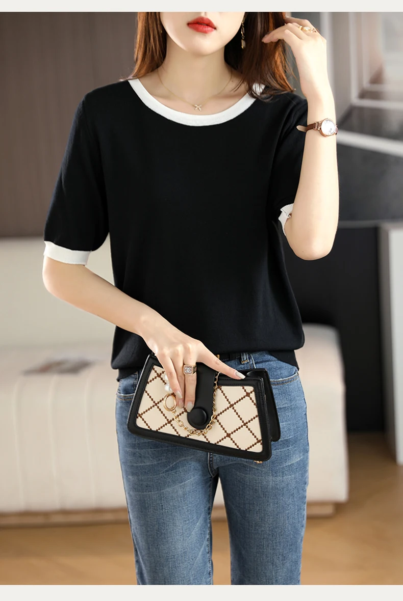 Summer New Ice Silk T-Shirt Female Loose Round Neck Color Matching Short Sleeve Joker Slim Knitted Cotton And Linen Half Sleeve