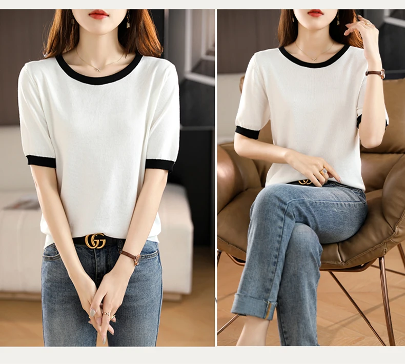 Summer New Ice Silk T-Shirt Female Loose Round Neck Color Matching Short Sleeve Joker Slim Knitted Cotton And Linen Half Sleeve