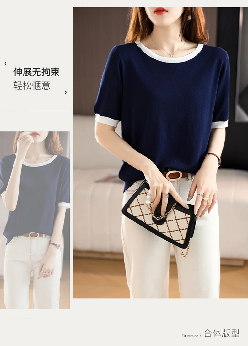 Summer New Ice Silk T-Shirt Female Loose Round Neck Color Matching Short Sleeve Joker Slim Knitted Cotton And Linen Half Sleeve