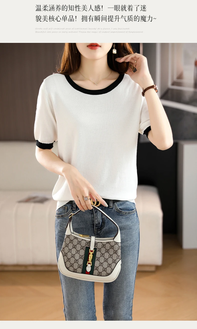 Summer New Ice Silk T-Shirt Female Loose Round Neck Color Matching Short Sleeve Joker Slim Knitted Cotton And Linen Half Sleeve