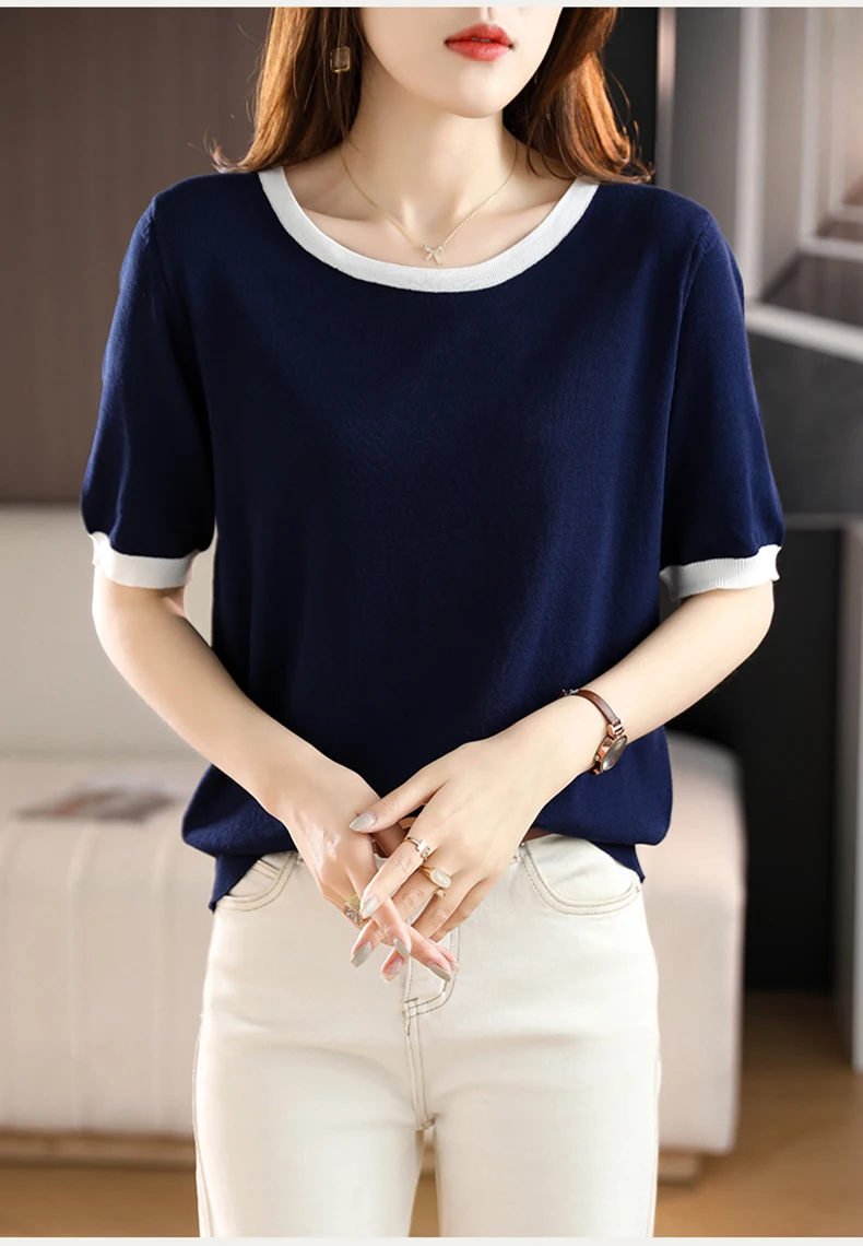 Summer New Ice Silk T-Shirt Female Loose Round Neck Color Matching Short Sleeve Joker Slim Knitted Cotton And Linen Half Sleeve