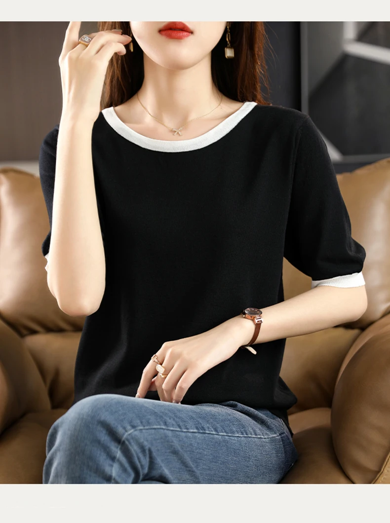 Summer New Ice Silk T-Shirt Female Loose Round Neck Color Matching Short Sleeve Joker Slim Knitted Cotton And Linen Half Sleeve