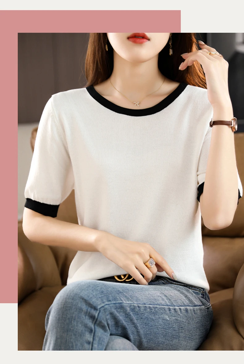 Summer New Ice Silk T-Shirt Female Loose Round Neck Color Matching Short Sleeve Joker Slim Knitted Cotton And Linen Half Sleeve