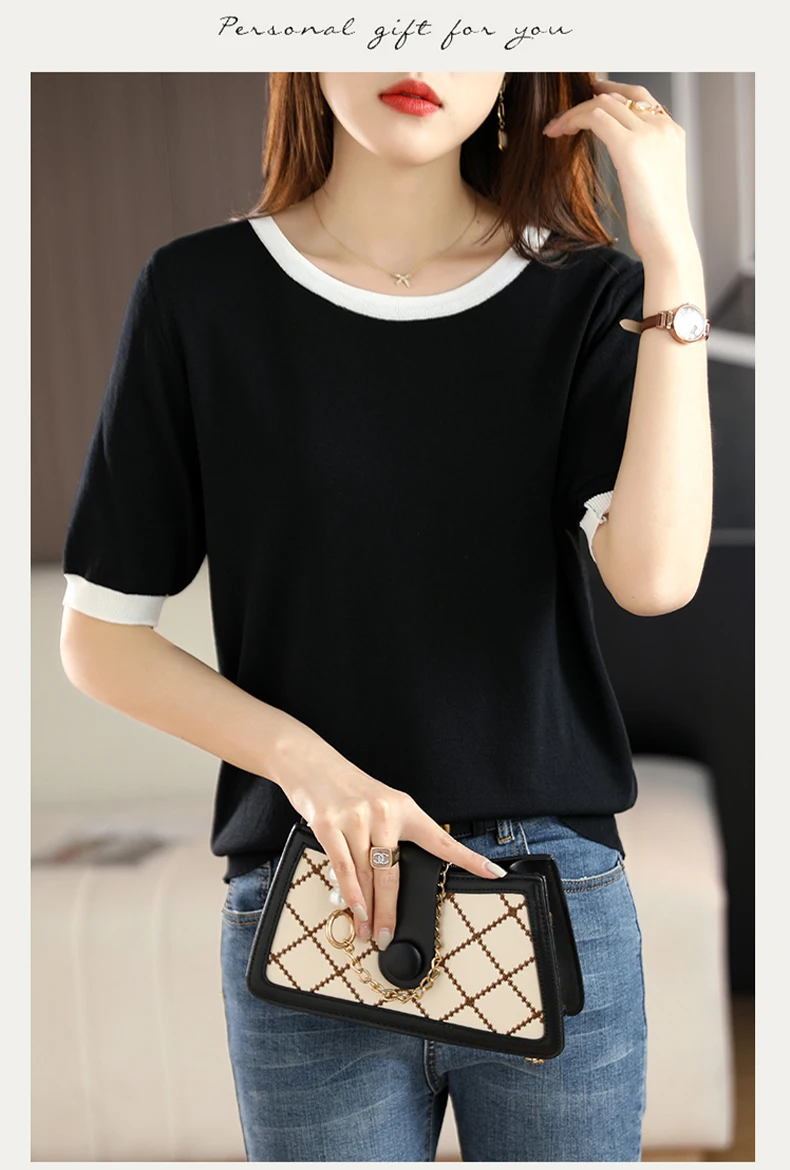 Summer New Ice Silk T-Shirt Female Loose Round Neck Color Matching Short Sleeve Joker Slim Knitted Cotton And Linen Half Sleeve