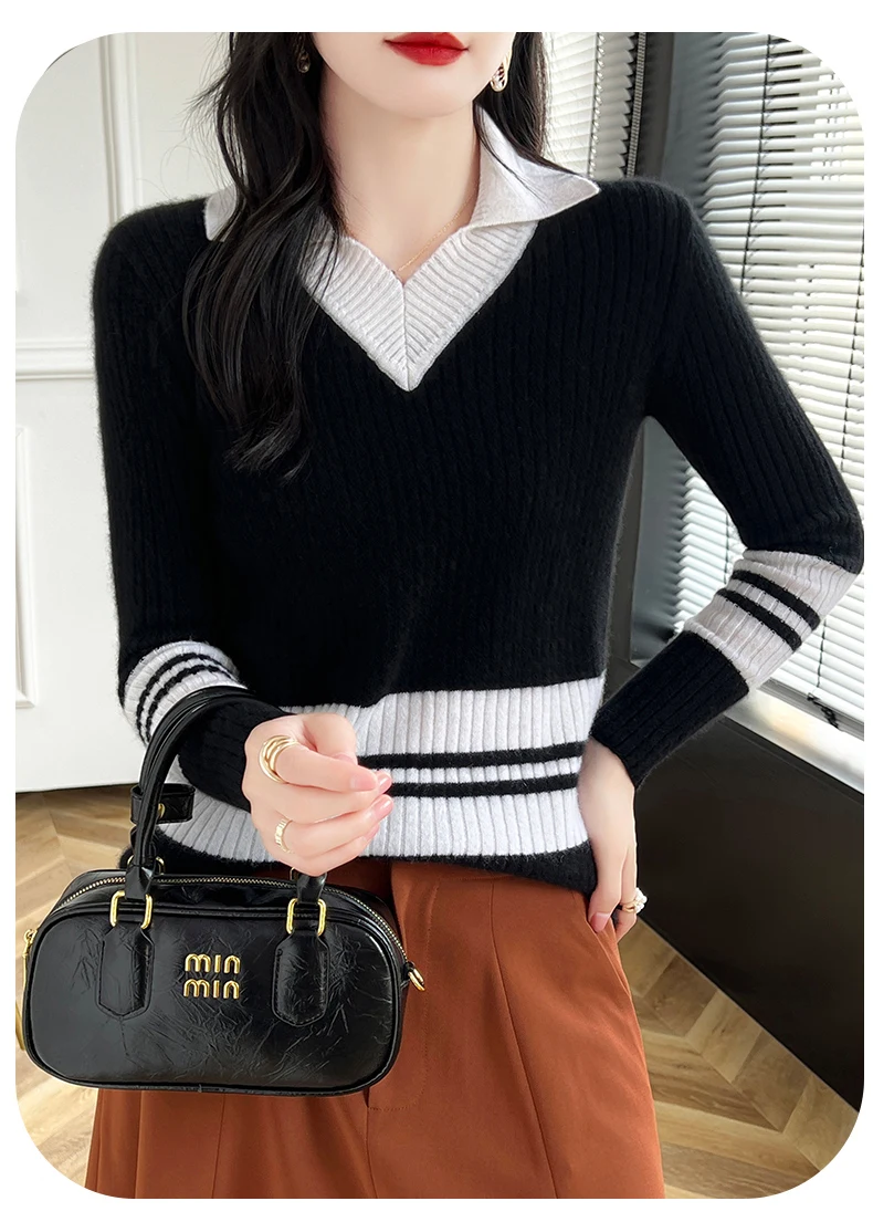 Autumn Winter New Cashmere Sweater 100% Wool Clothing Tops Women V-Neck Knit Pullover Korean Slim fit Long Sleeved Lapel Sweater