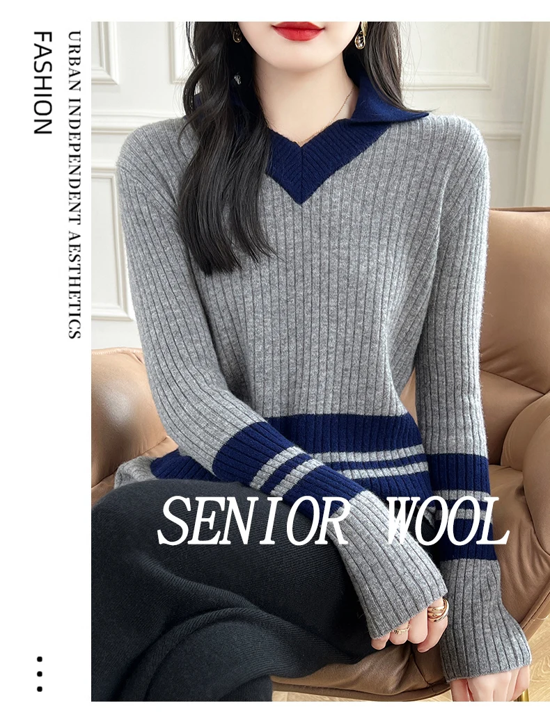 Autumn Winter New Cashmere Sweater 100% Wool Clothing Tops Women V-Neck Knit Pullover Korean Slim fit Long Sleeved Lapel Sweater
