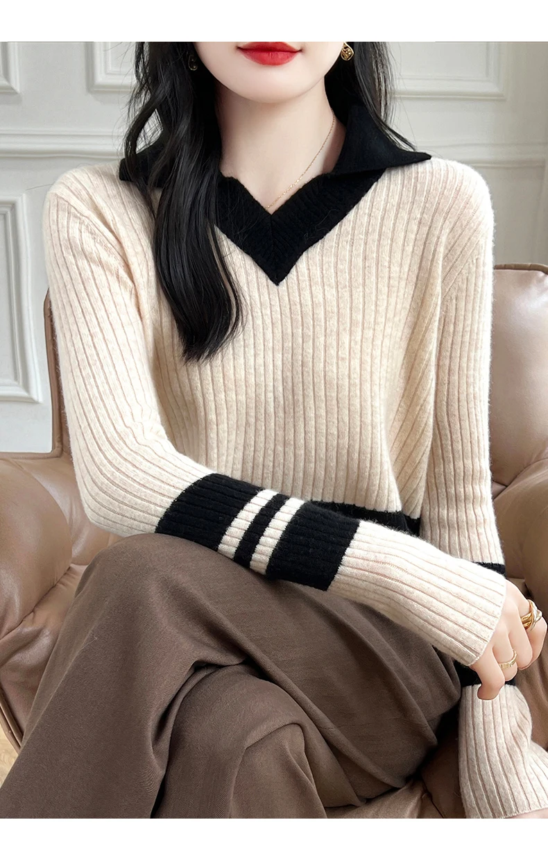Autumn Winter New Cashmere Sweater 100% Wool Clothing Tops Women V-Neck Knit Pullover Korean Slim fit Long Sleeved Lapel Sweater