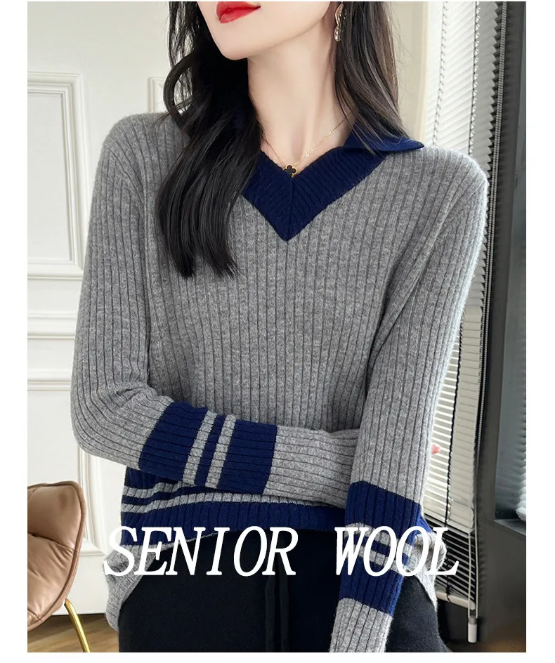 Autumn Winter New Cashmere Sweater 100% Wool Clothing Tops Women V-Neck Knit Pullover Korean Slim fit Long Sleeved Lapel Sweater