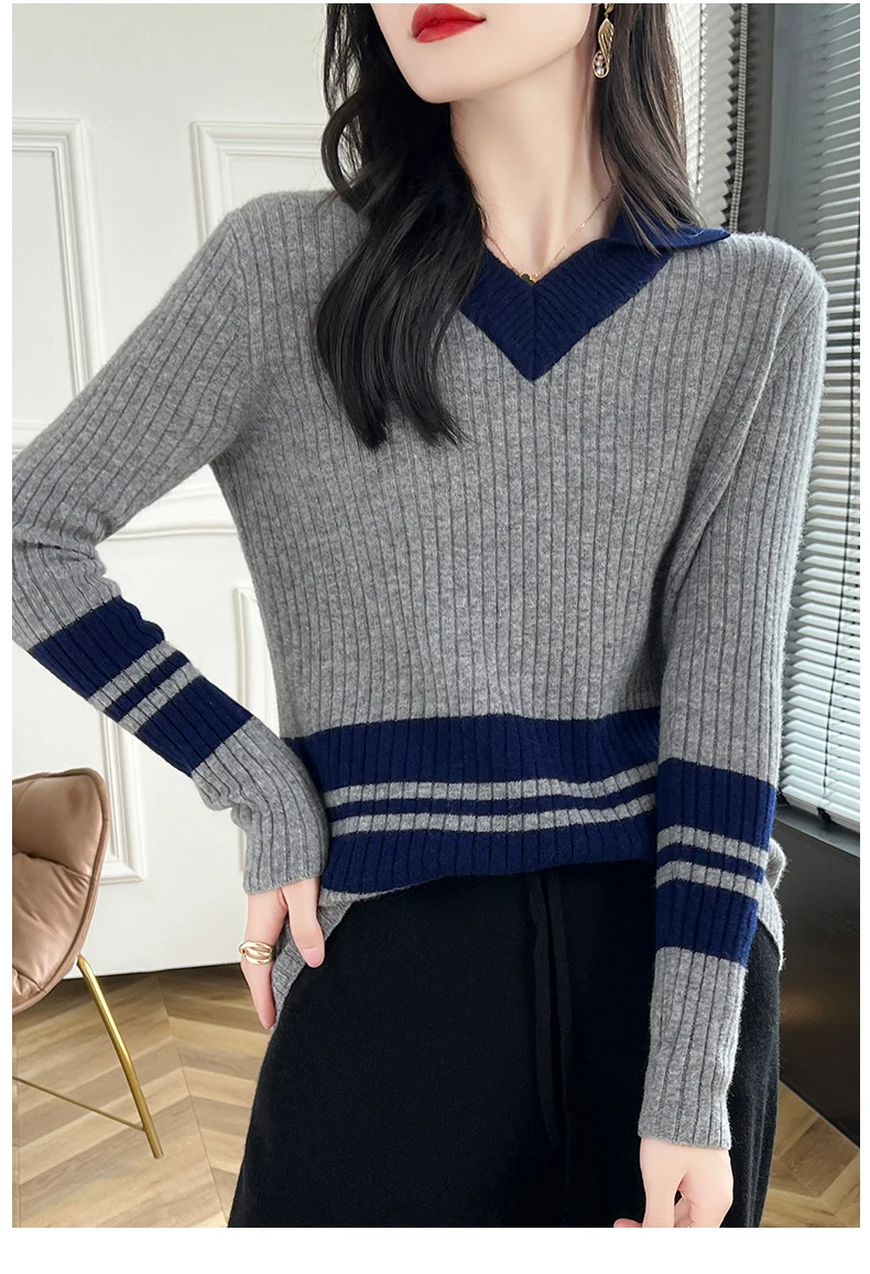 Autumn Winter New Cashmere Sweater 100% Wool Clothing Tops Women V-Neck Knit Pullover Korean Slim fit Long Sleeved Lapel Sweater