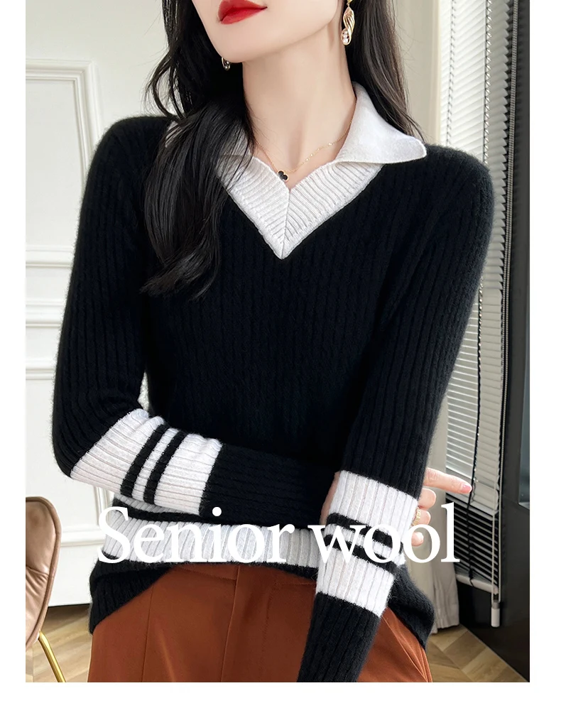 Autumn Winter New Cashmere Sweater 100% Wool Clothing Tops Women V-Neck Knit Pullover Korean Slim fit Long Sleeved Lapel Sweater