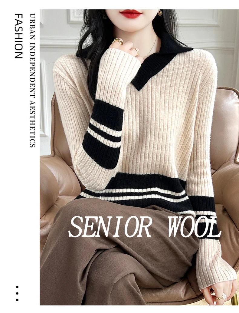 Autumn Winter New Cashmere Sweater 100% Wool Clothing Tops Women V-Neck Knit Pullover Korean Slim fit Long Sleeved Lapel Sweater