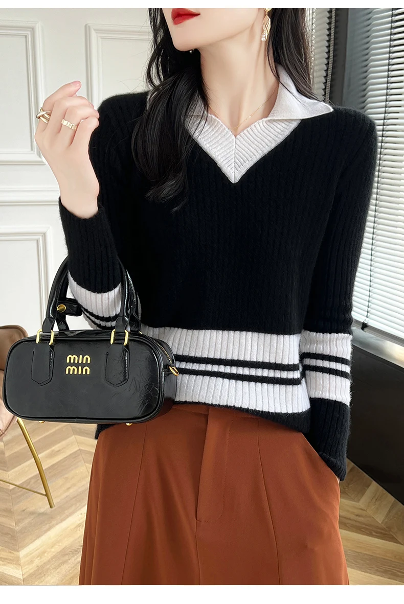 Autumn Winter New Cashmere Sweater 100% Wool Clothing Tops Women V-Neck Knit Pullover Korean Slim fit Long Sleeved Lapel Sweater