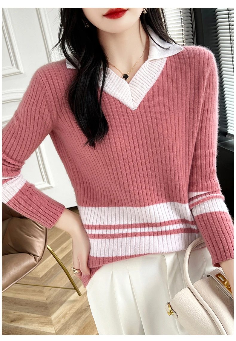 Autumn Winter New Cashmere Sweater 100% Wool Clothing Tops Women V-Neck Knit Pullover Korean Slim fit Long Sleeved Lapel Sweater