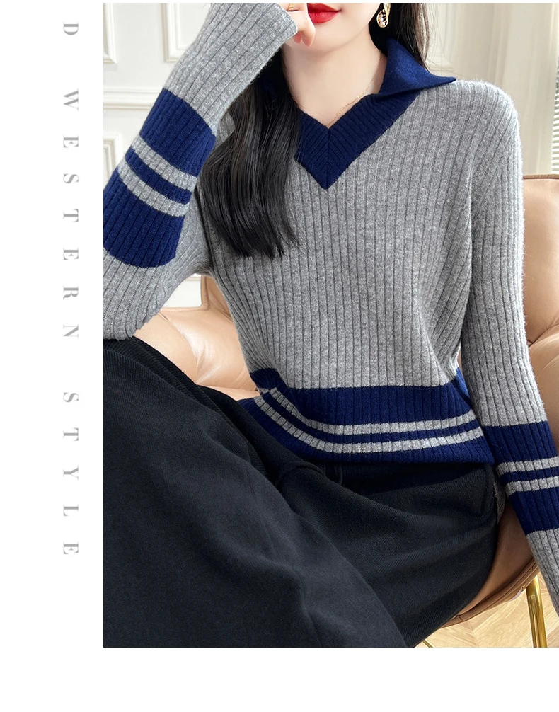 Autumn Winter New Cashmere Sweater 100% Wool Clothing Tops Women V-Neck Knit Pullover Korean Slim fit Long Sleeved Lapel Sweater