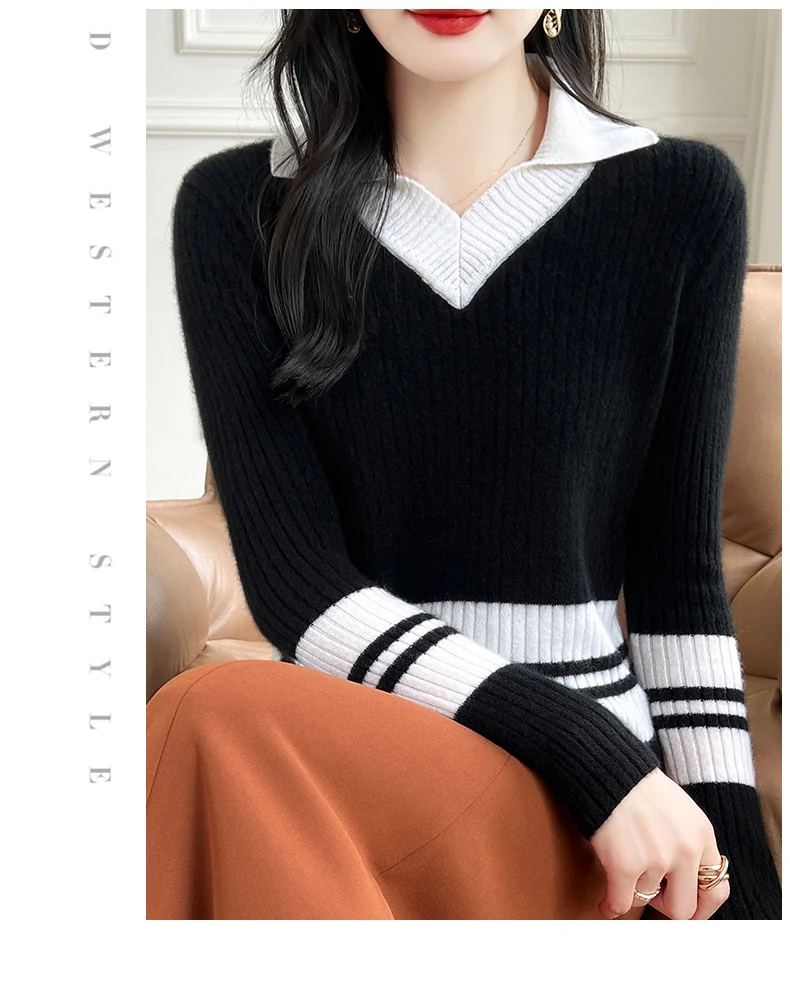 Autumn Winter New Cashmere Sweater 100% Wool Clothing Tops Women V-Neck Knit Pullover Korean Slim fit Long Sleeved Lapel Sweater