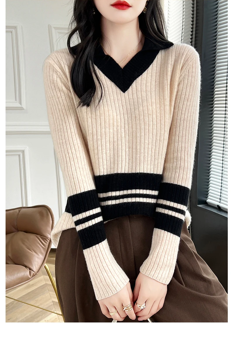 Autumn Winter New Cashmere Sweater 100% Wool Clothing Tops Women V-Neck Knit Pullover Korean Slim fit Long Sleeved Lapel Sweater