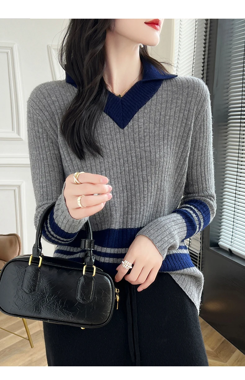 Autumn Winter New Cashmere Sweater 100% Wool Clothing Tops Women V-Neck Knit Pullover Korean Slim fit Long Sleeved Lapel Sweater